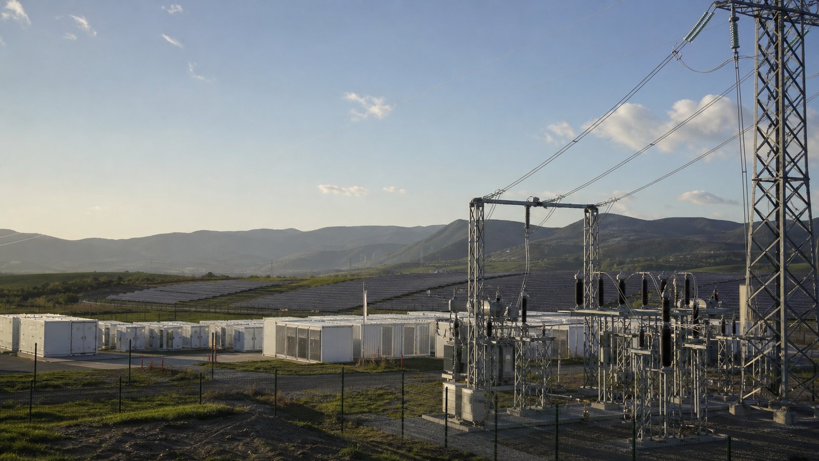 Power-grid infrastructure, a battery storage system and a solar park operating as one energy system